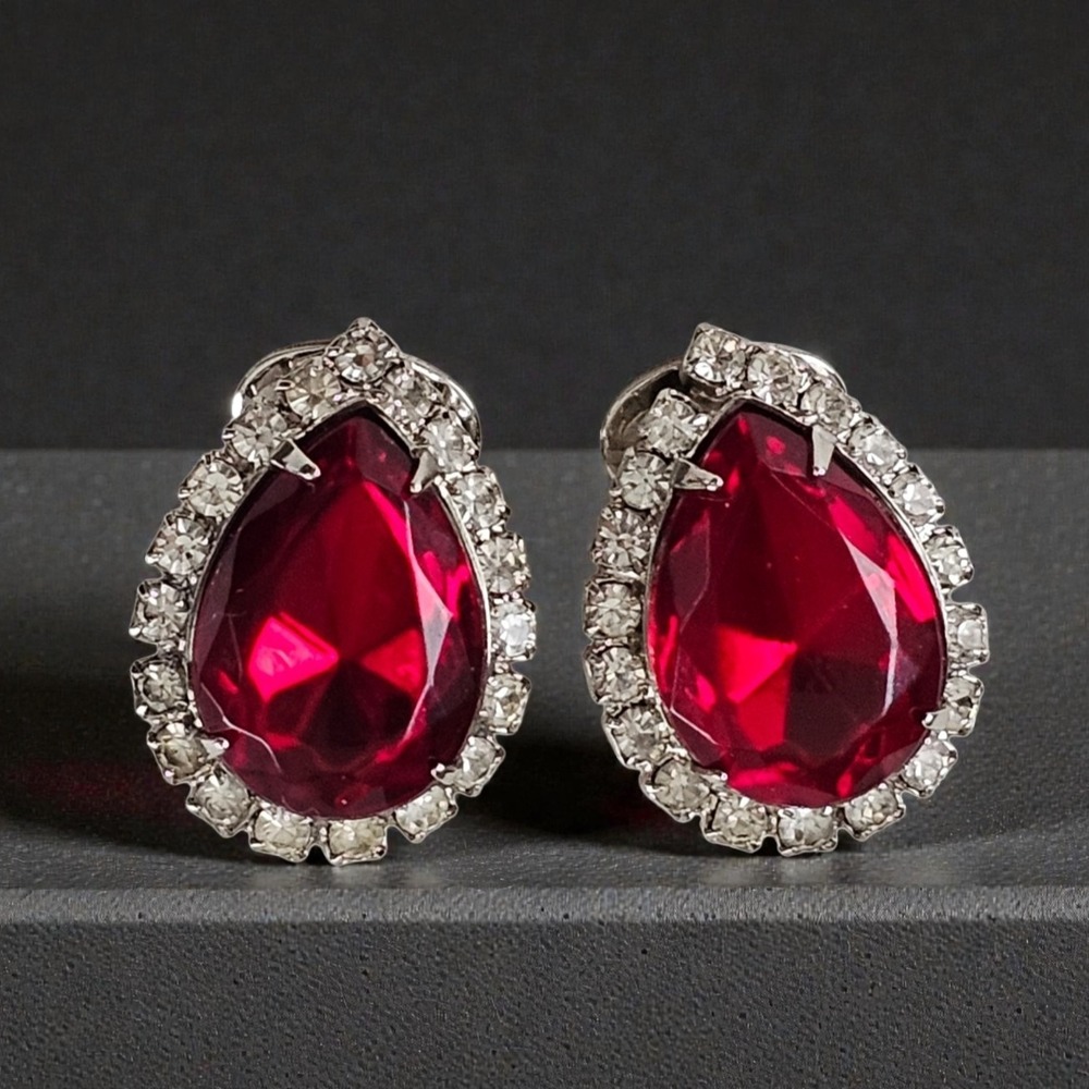 Vintage Red Rhinestone Teardrop Clip on Earrings Silver Toned